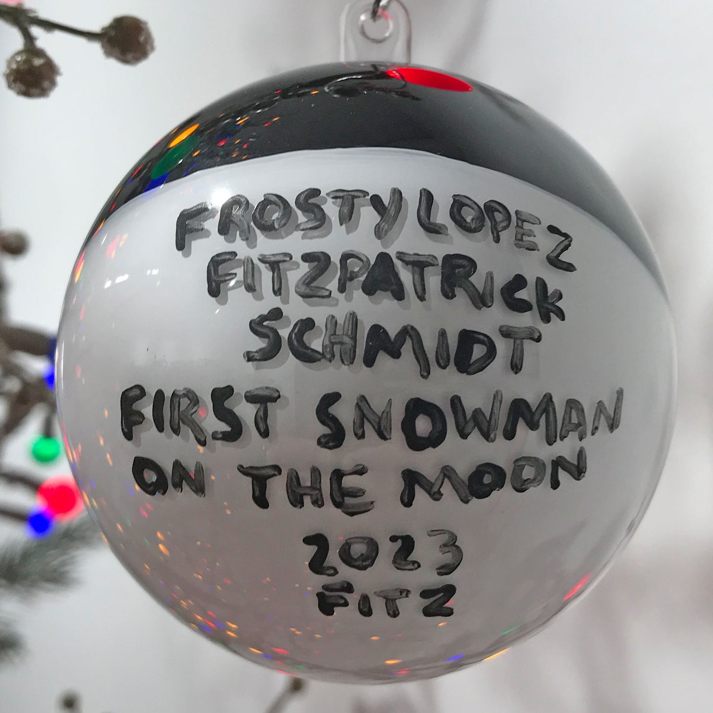 Frosty Lopez Fitzpatrick Schmidt First Snowman on the Moon globe Christmas ornament